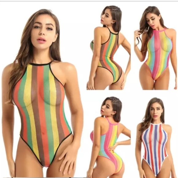 FESTIVAL LINGERIE BODYSUIT MESH HALTER RAINBOW STRIPPED TBACK - Picture 5 of 7